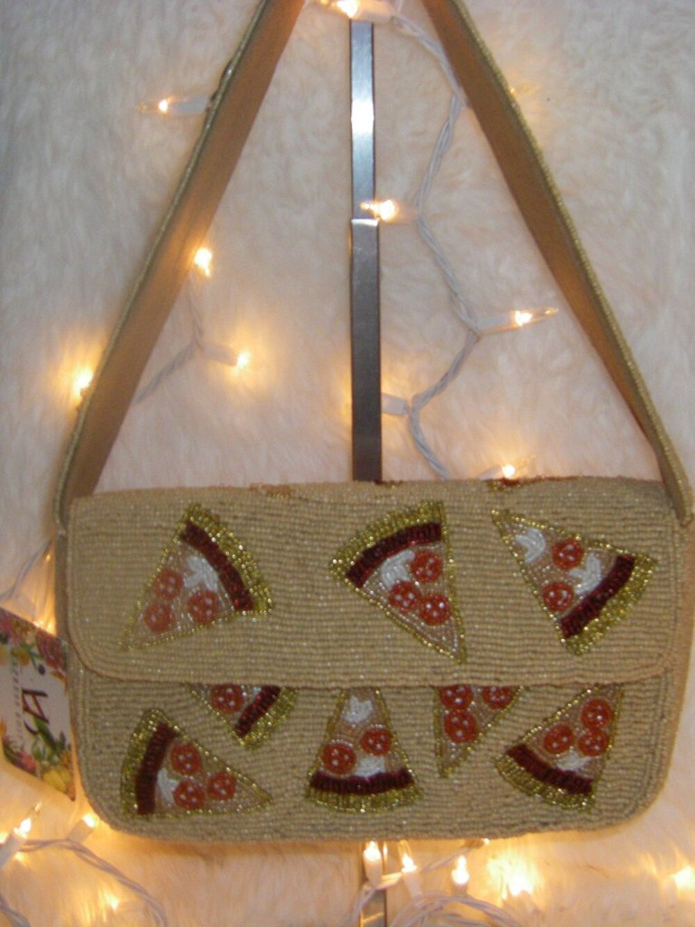 Viral Beaded Bag by Express Edit Tan/Red/Gold Pizza Slice Shoulder Bag NWT